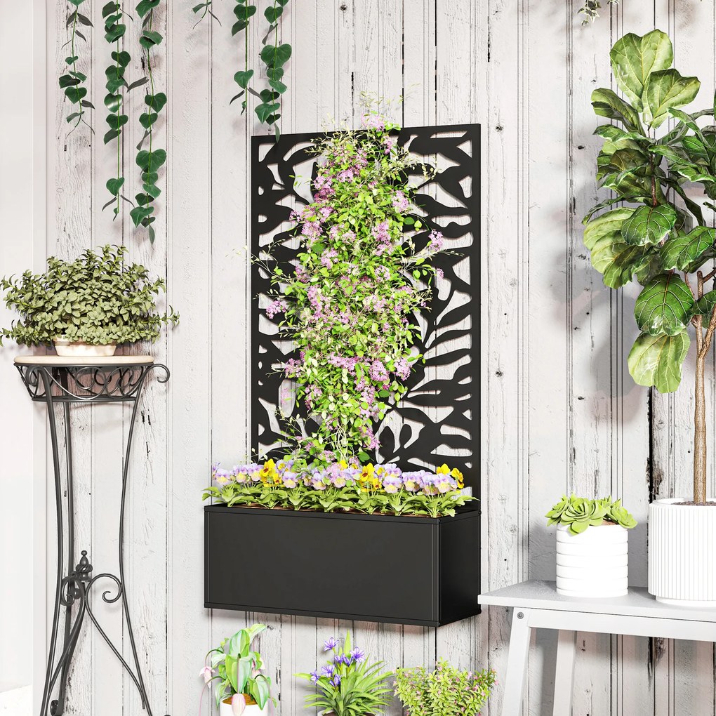 Floreira com treliça 61 x 23 x 113 cm, floreira retangular com painel de privacidade em metal, preto
