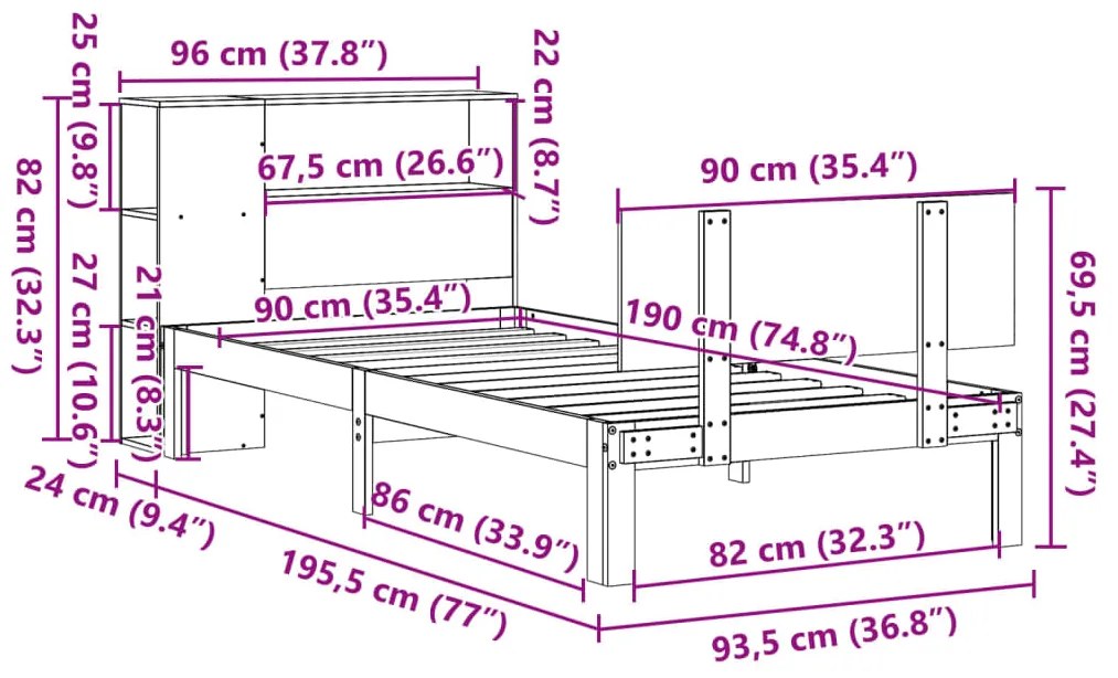 Cama com estante sem colchão 90x190 cm pinho maciço branco