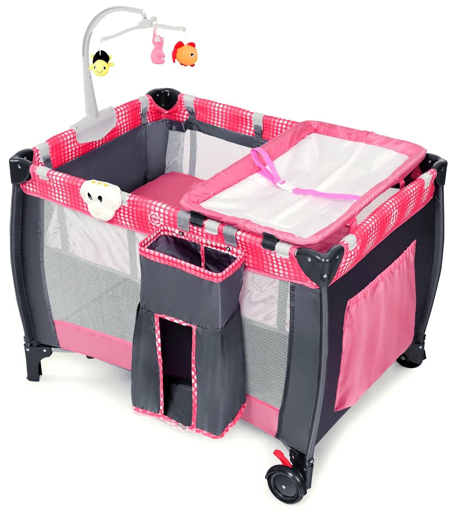 Cama de viagem bebé dobrável berço com saco de transporte de 2 rodas 100 x 70 x 76cm Rosa