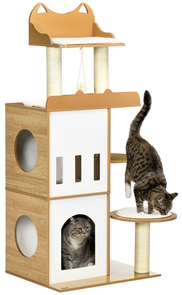 PawHut Arranhador para Gatos 133 cm com Caverna Plataformas Bola Suspensa e Postes de Sisal 60x48x133 cm Carvalho