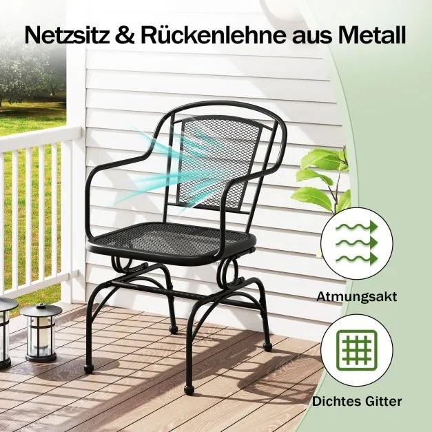 Conjunto de 2 cadeiras com suave movimento de baloiço de jardim em metal pretas.