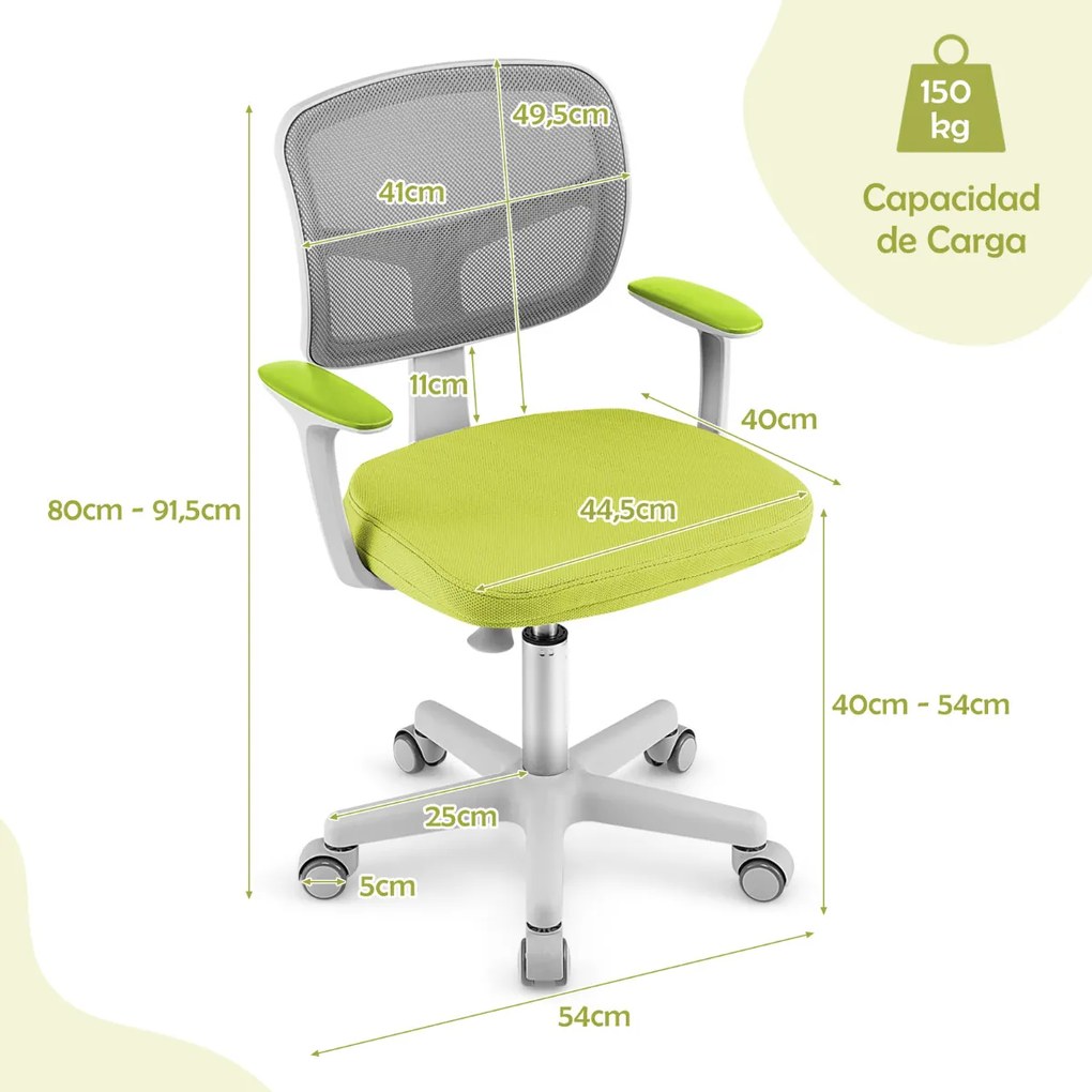 Cadeira de secretária ergonómica para crianças com rodas Cadeira giratória para computador Apoio lombar ajustável em altura Verde
