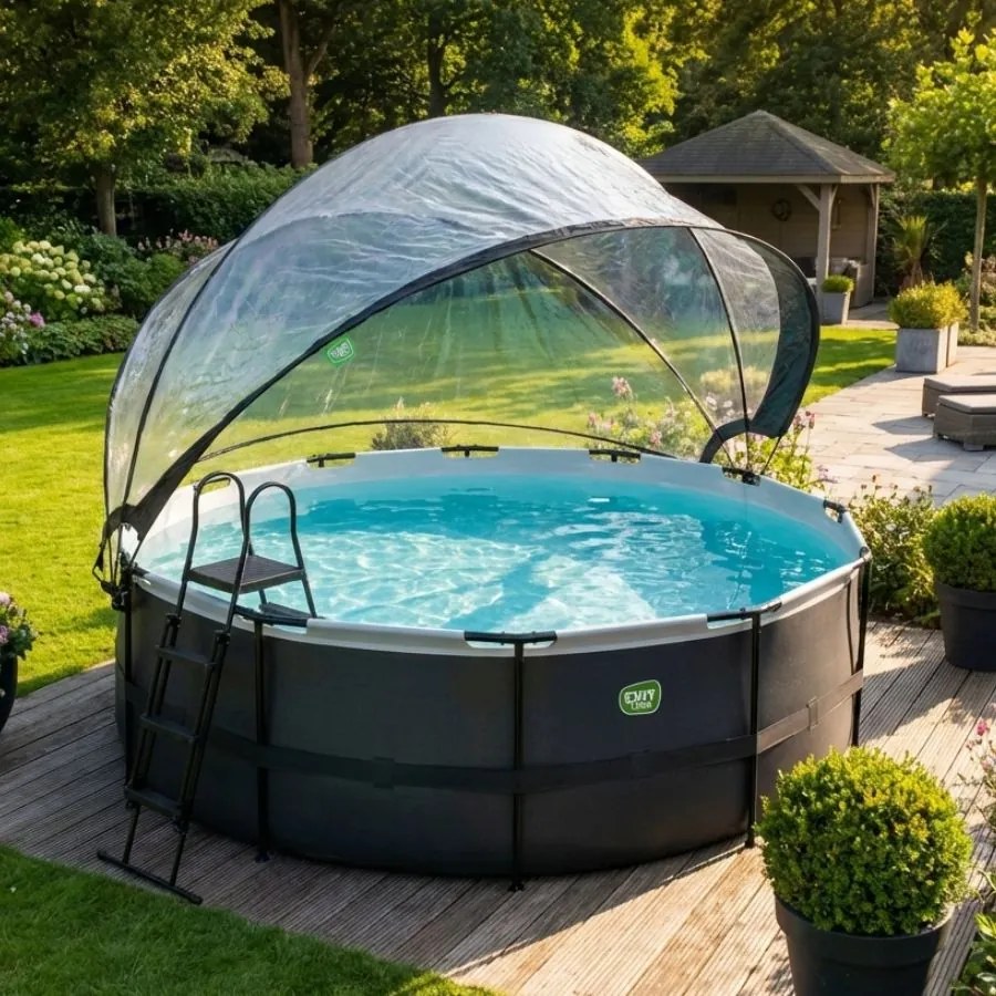 Piscina redonda Black Leather ø427x122cm com bomba de filtro de areia, cobertura e bomba de calor - preta