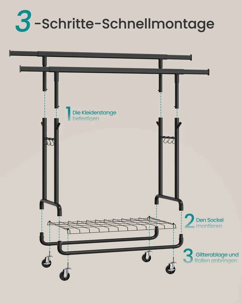 Guarda roupa aberto, cabide ajustavel, com prateleira e ganchos 52,5 x (107-149,8) x (144,2-164,2) preto