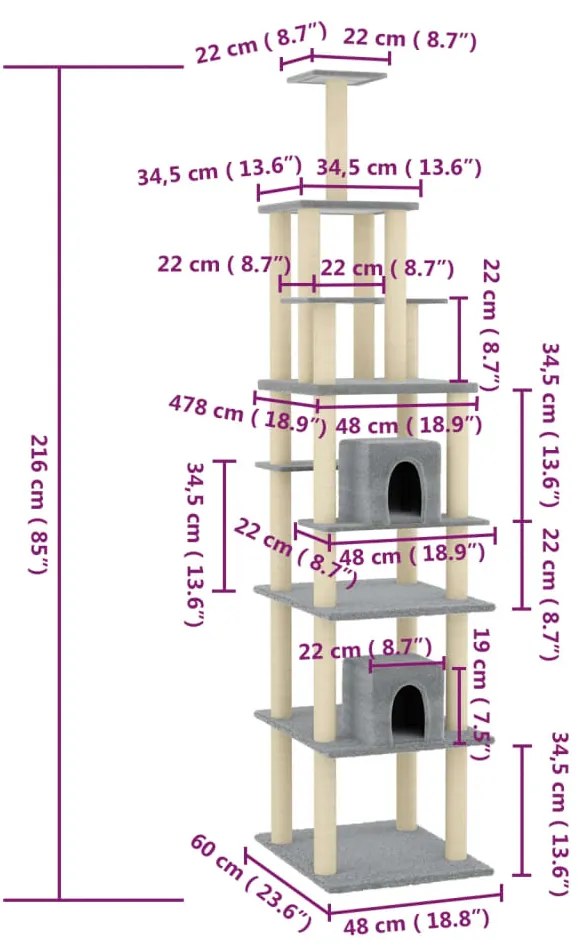 Árvore p/ gatos c/ postes arranhadores sisal 216 cm cinza-claro