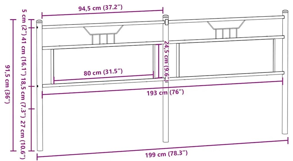 Cabeceira de cama 193 cm derivados madeira/aço carvalho fumado