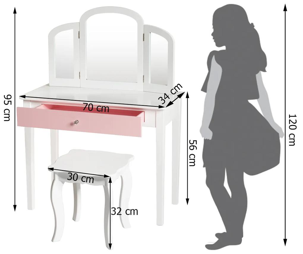Conjunto de toucador e cadeira infantil Mesa de maquiagem com espelho de três partes e banco de mesa removível 2 em 1 Branco