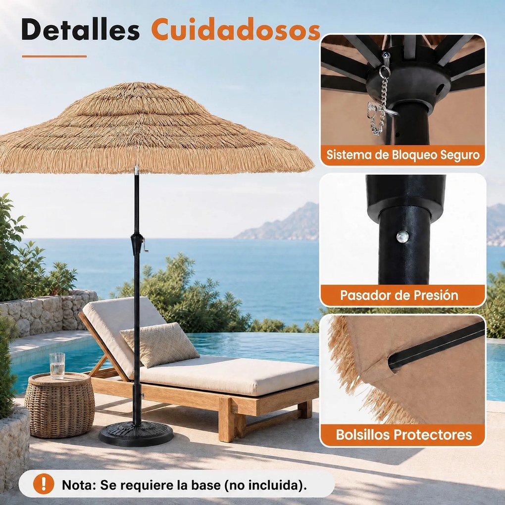 Guarda-sol de Palha Tiki , 250 x 250 x 215 cm, Inclinável a 30 Graus, Castanho