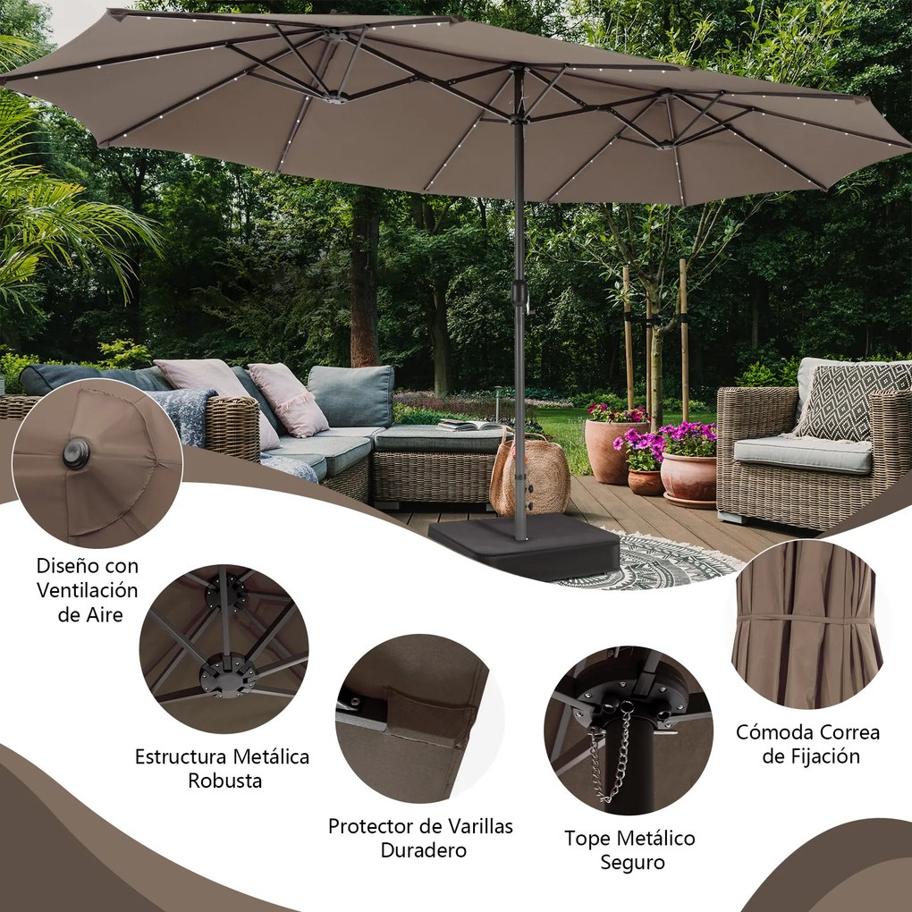 Conjunto de guarda-sol dupla face de 470 cm com 48 luzes LED solares e base recheável de 80 kg, com sistema de manivela, para jardim e piscina Café