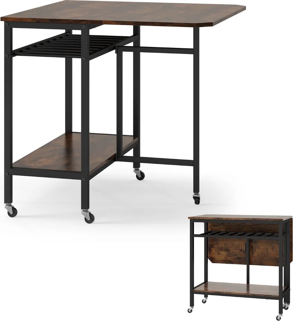 Mesa de jantar 80 x 75 x 75 cmdobrável e extensível com rodas, tampo rebatível, suporte para garrafas e estante de arrumação para espaços reduzidos, C