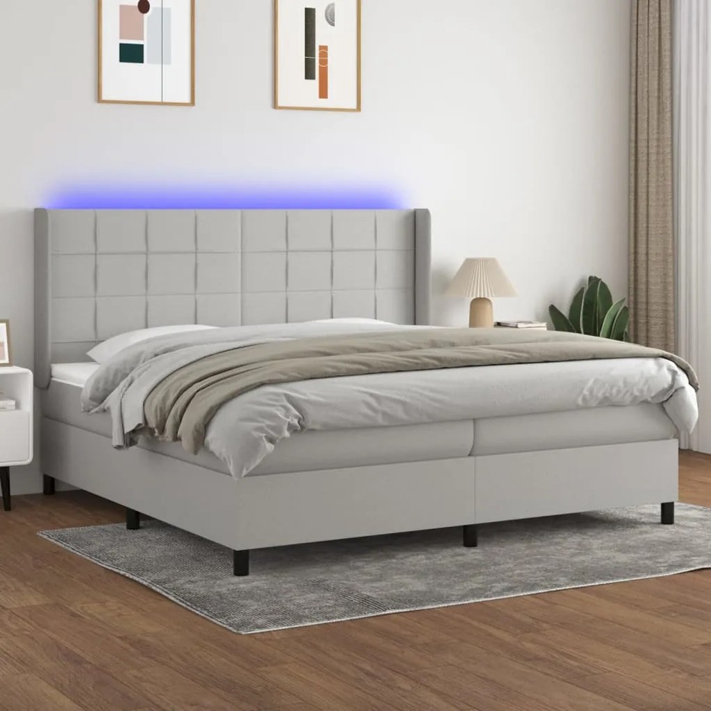 Cama box spring c/ colchão e LED 200x200 cm tecido cinza-claro