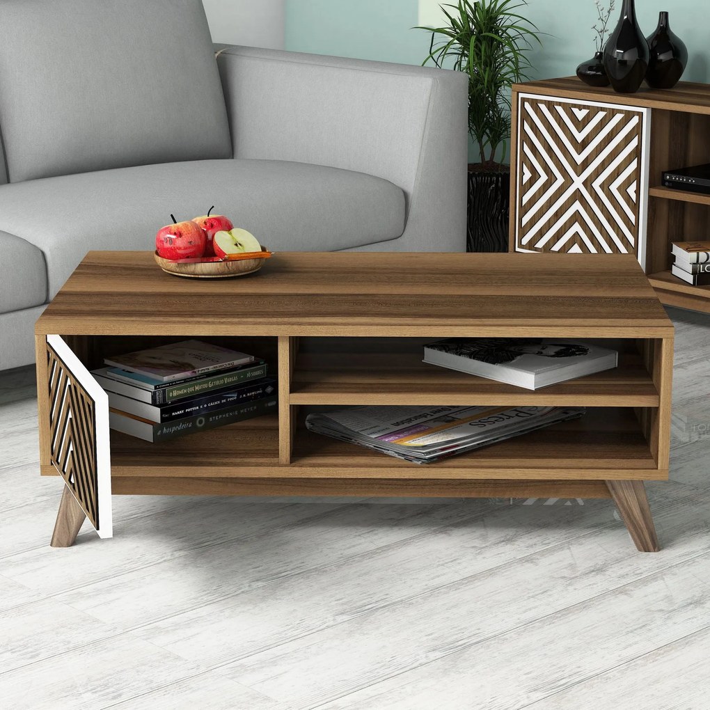 Conjunto de Mobiliário de Sala de Estar Inci – Nogueira e Branco – Div
