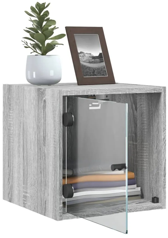 Mesa de cabeceira c/ porta de vidro 35x37x35 cm cinzento sonoma