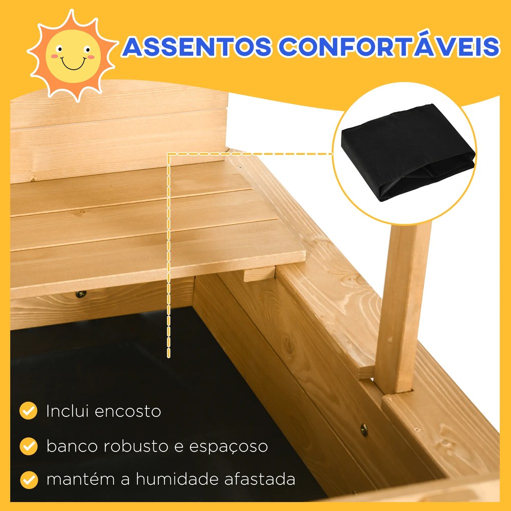 Caixa de Areia para Crianças de Madeira com Toldo Ajustável em Altura 2 Bancos e Encostos para Jardim 106x106x121 cm Natural