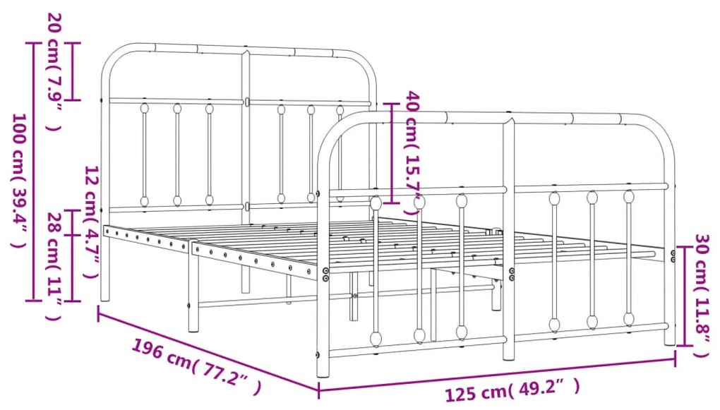 Estrutura de cama com cabeceira e pés 120x190 cm metal branco