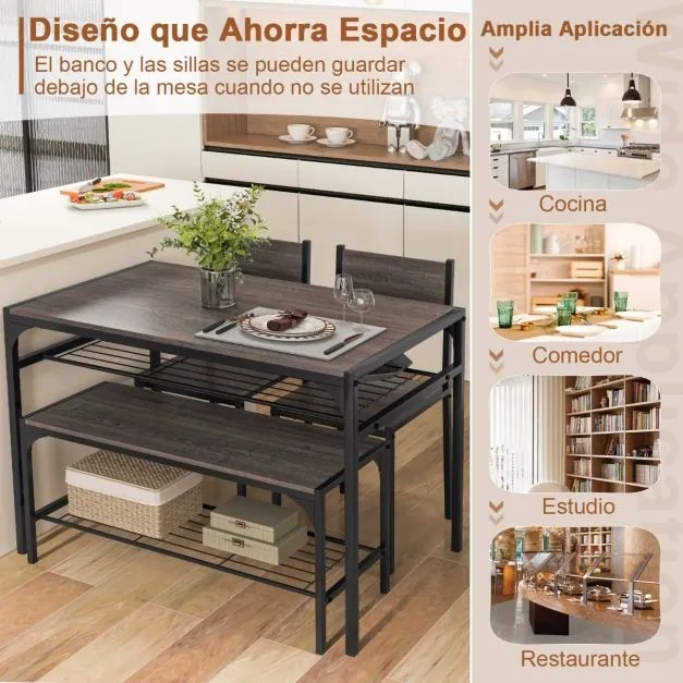 Conjunto de mesa, 2 cadeiras e um banco de jantar, com estrutura em metal e prateleira moderna para sala de jantar e cozinha cinza