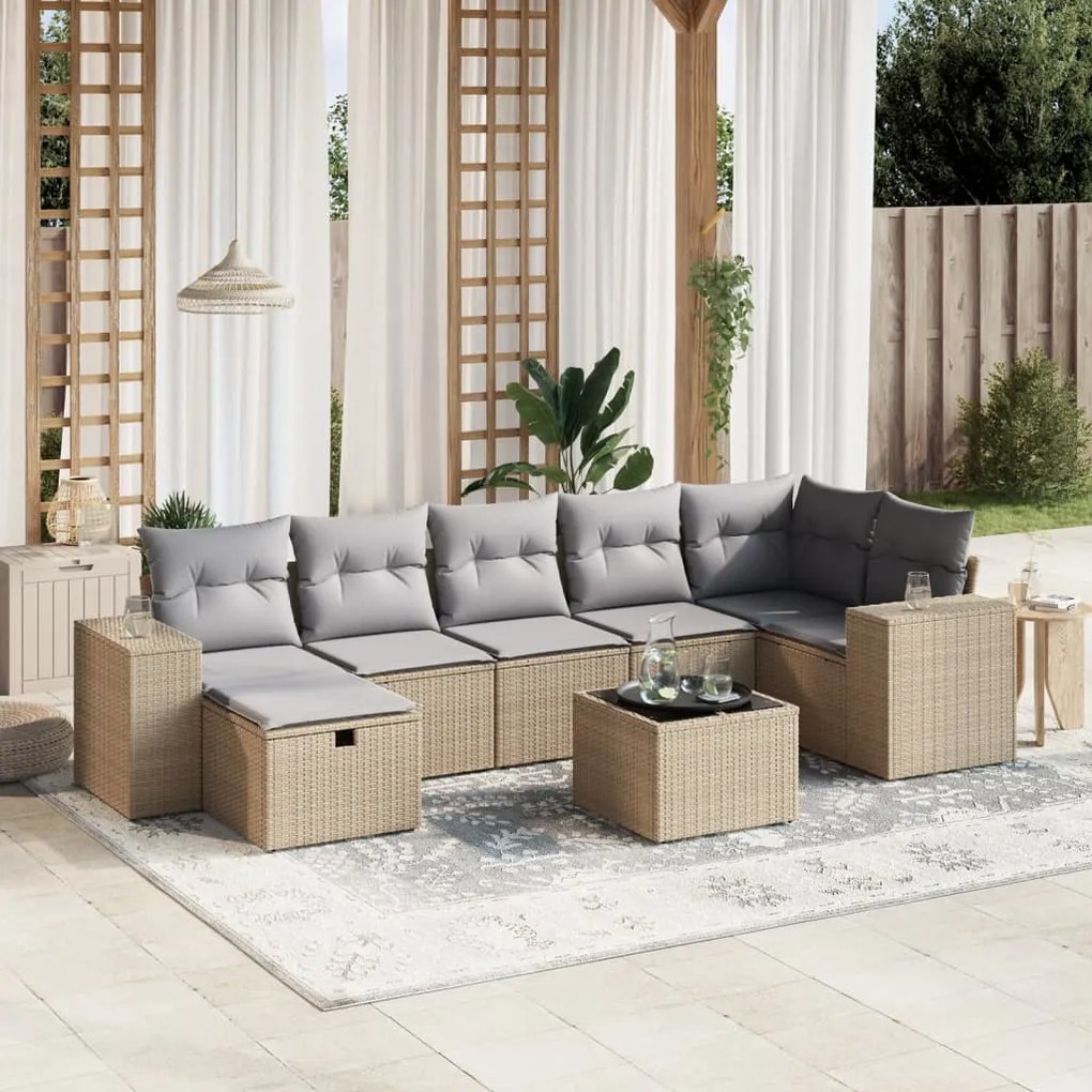 8 pcs conj. sofás jardim c/ almofadões vime PE bege misturado