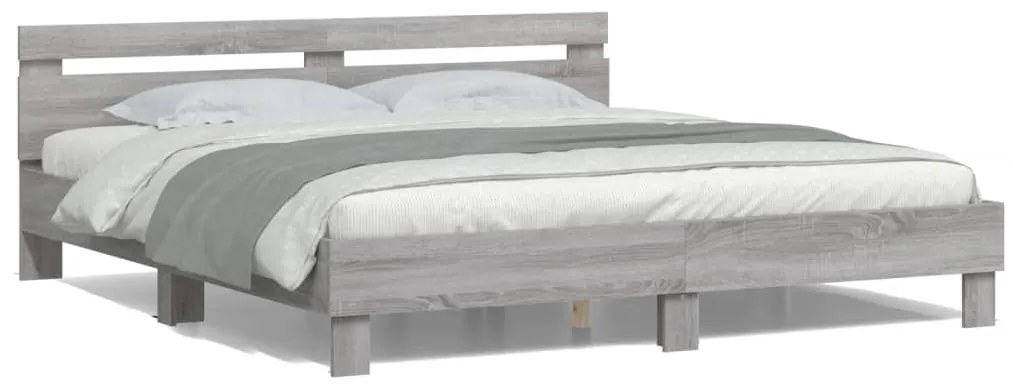 Estrutura cama c/ cabeceira/luzes LED 200x200cm cinzento sonoma