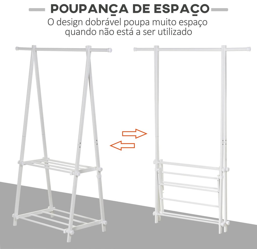 Suporte para Cabide Dobrável com 2 Prateleiras e 2 Barras para Pendurar Roupas para Sala Quarto Entrada 107,5x45x150 cm Branco