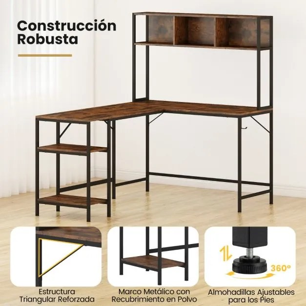 Secretária em forma de L  150 x 120 x 148 cm com compartimento de canto para computador com prateleiras e gancho para auscultadores com estante castan