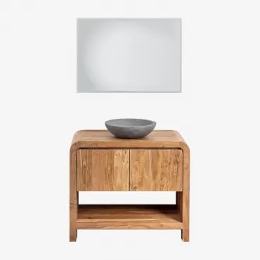 Conjunto De Móvel De Casa De Banho Em Madeira Vacry Castanho Acácia & Cimento Cinzento Redondo Ø40 Cm Tarsis & Led Retangular E Anti-embaciamento 100x