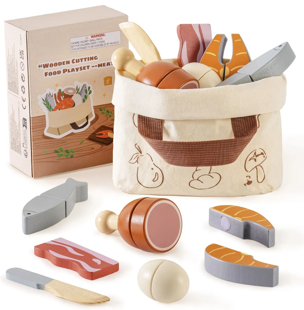 Conjunto de Comidas de Brincar Infantil de Madeira - Carne