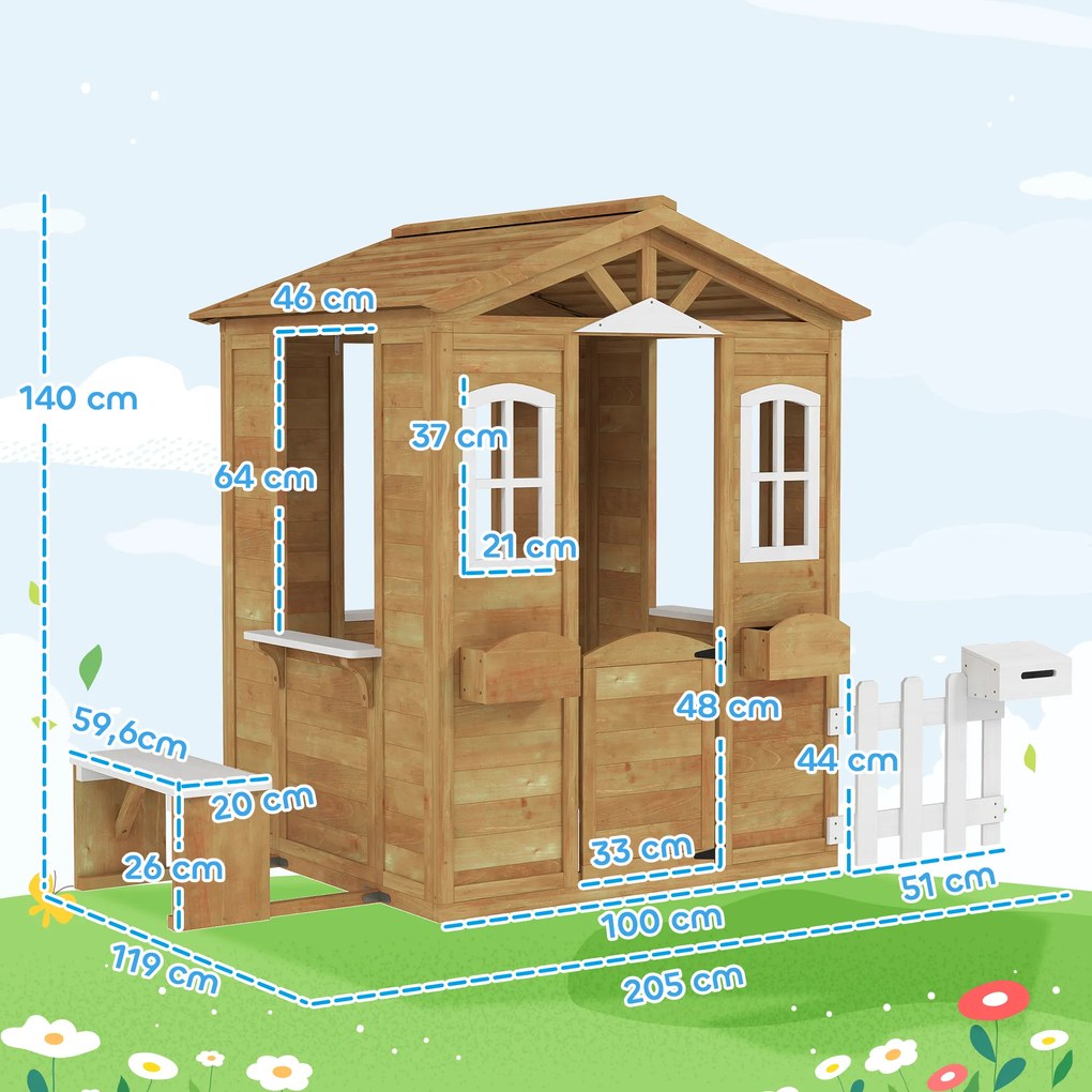 Casa de Madeira para Crianças com Caixa de Correios Banco e Floreira 205x119x140 cm Madeira e Branco