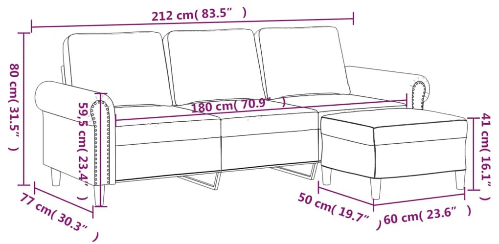 Sofá de 3 lugares com apoio de pés 180 cm veludo cor creme