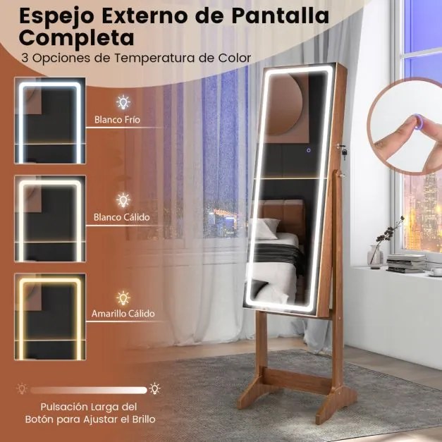 Armário para jóias com espelho de corpo inteiro iluminado com luzes LED  2 gavetas 3 ângulos ajustáveis Castanho