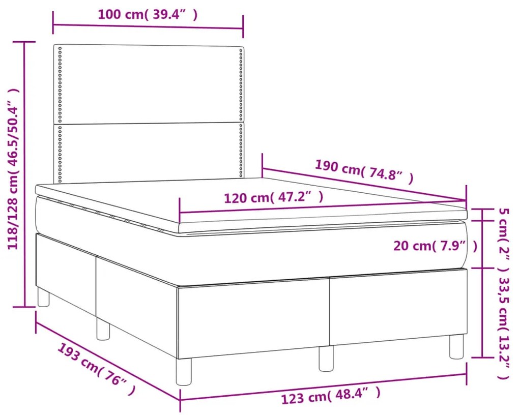 Cama box spring c/colchão/LED 120x190cm couro artificial branco