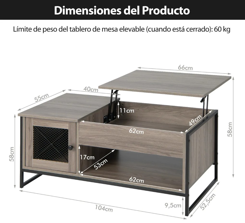 Mesa de centro com tampo elevável com compartimento e Armário de 2 portas 106 x 55 x 44,5 cm Cinzenta