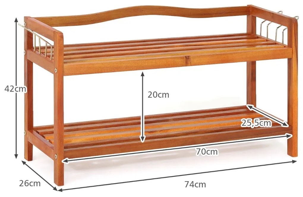 Sapateira de 2 níveis para sapatos 74 x 26 x 42 cm em madeira de acácia com 4 ganchos metálicos laterais Castanho