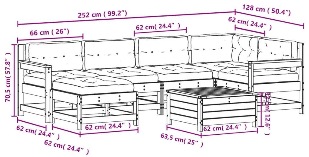 7 pcs conjunto lounge de jardim c/ almofadões pinho impregnado