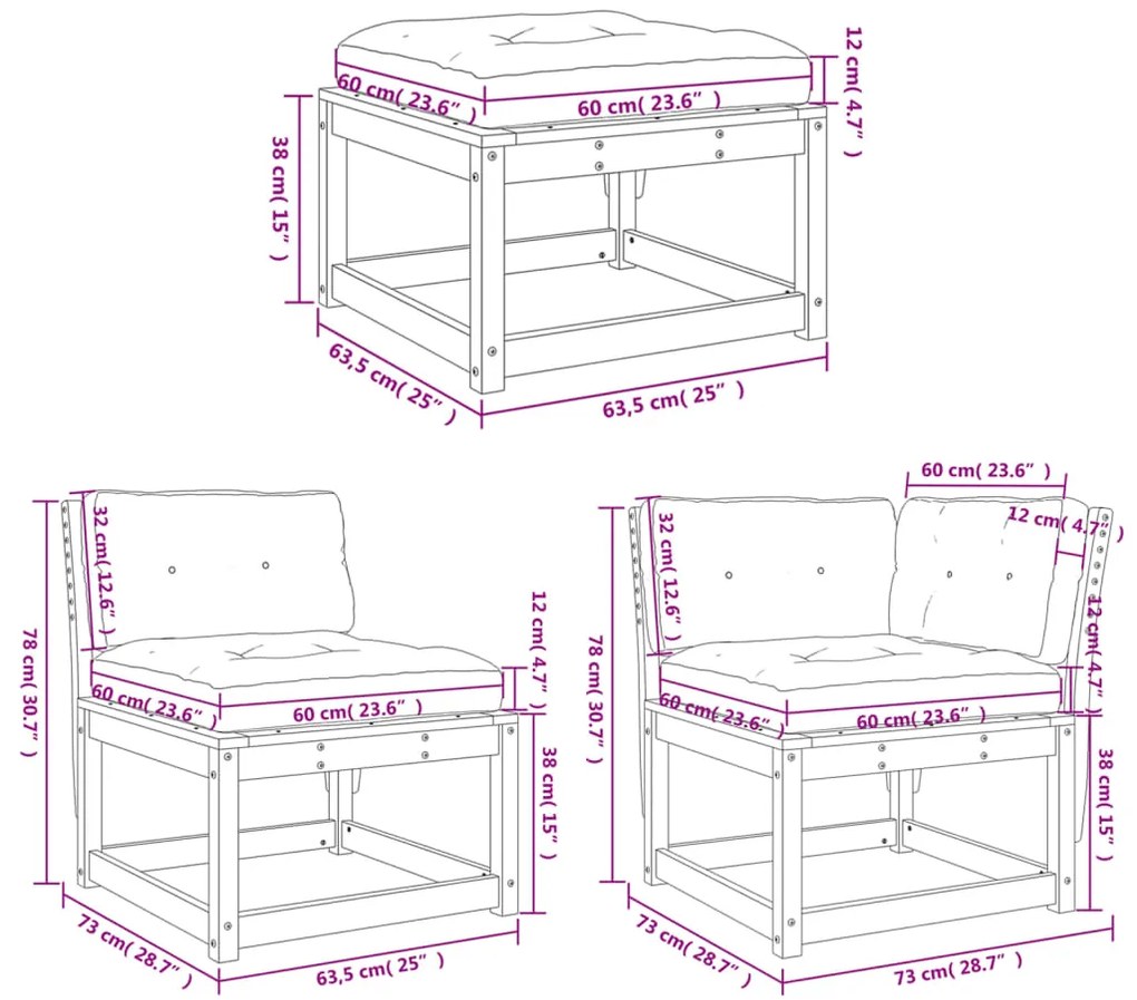 4 pcs conj. lounge jardim com almofadões madeira douglas maciça