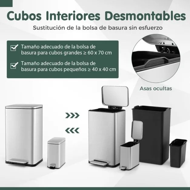 Conjunto de caixotes do lixo de 40 litros + 6 Litros em aço e baldes interiores amovíveis para lixo de cozinha Prateado