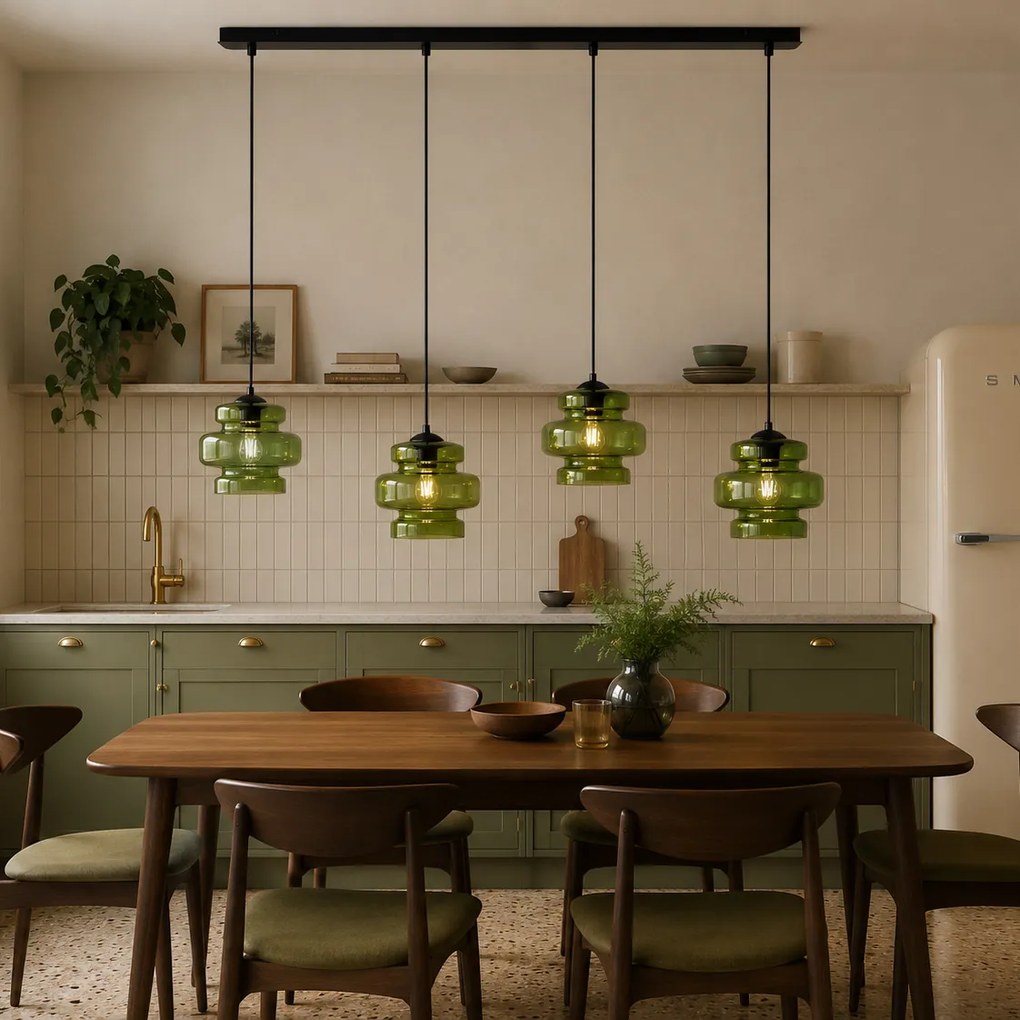 Candeeiro suspenso retro preto com vidro verde 4-luzes - Denise