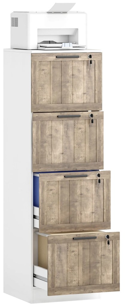 HOMCOM Bloco de Gavetas de Escritório com 4 Gavetas Bloco de Gavetas para Secretária com Fecho e 2 Chaves Barras para Pendurar A4 Carta Arquivador Móvel para Estudo 39,4x40x129 cm Branco e Madeira