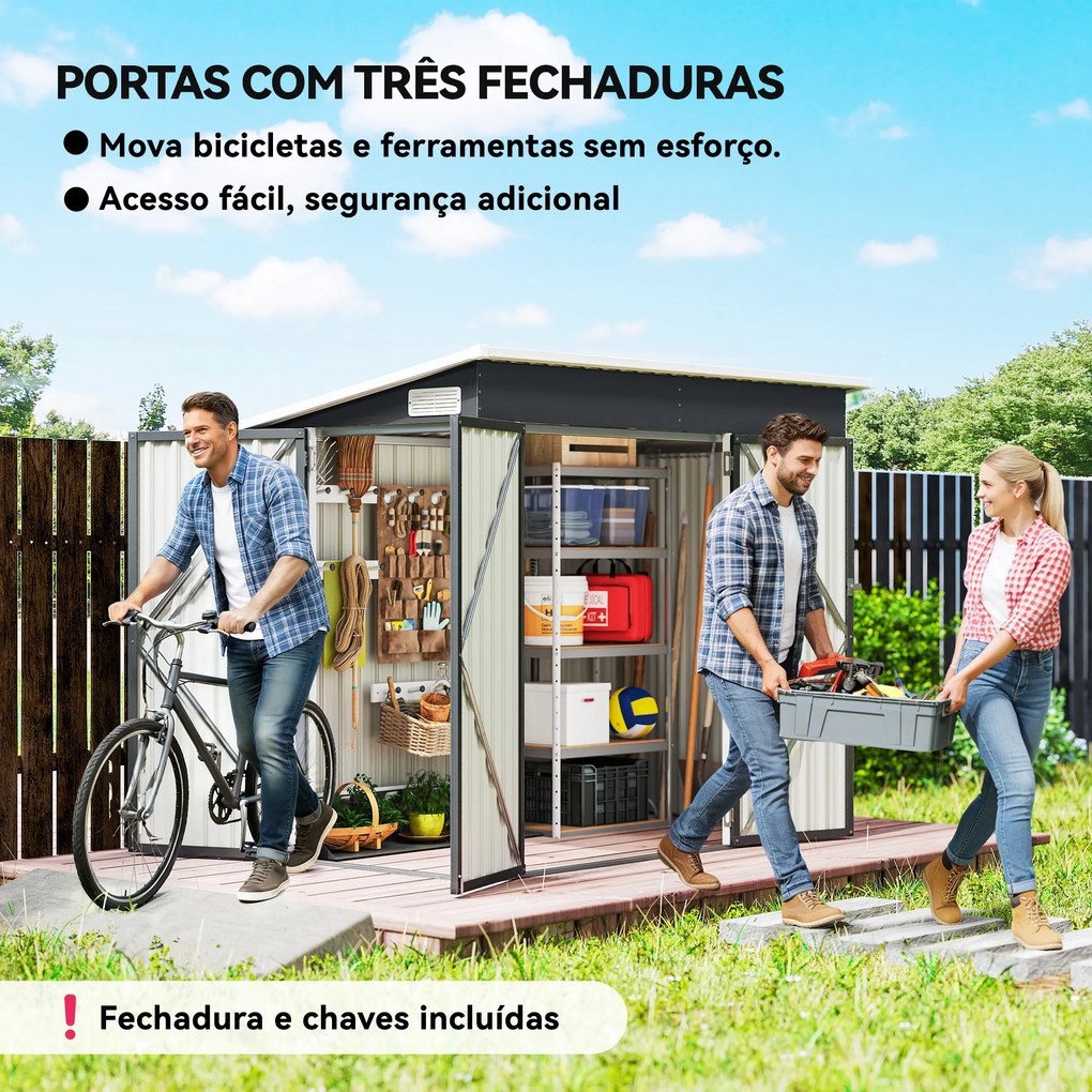 Abrigo de Jardim Exterior 2,7 m² 234x132x185 cm com Três Portas Fechadura e Grelhas de Ventilação Cinzento