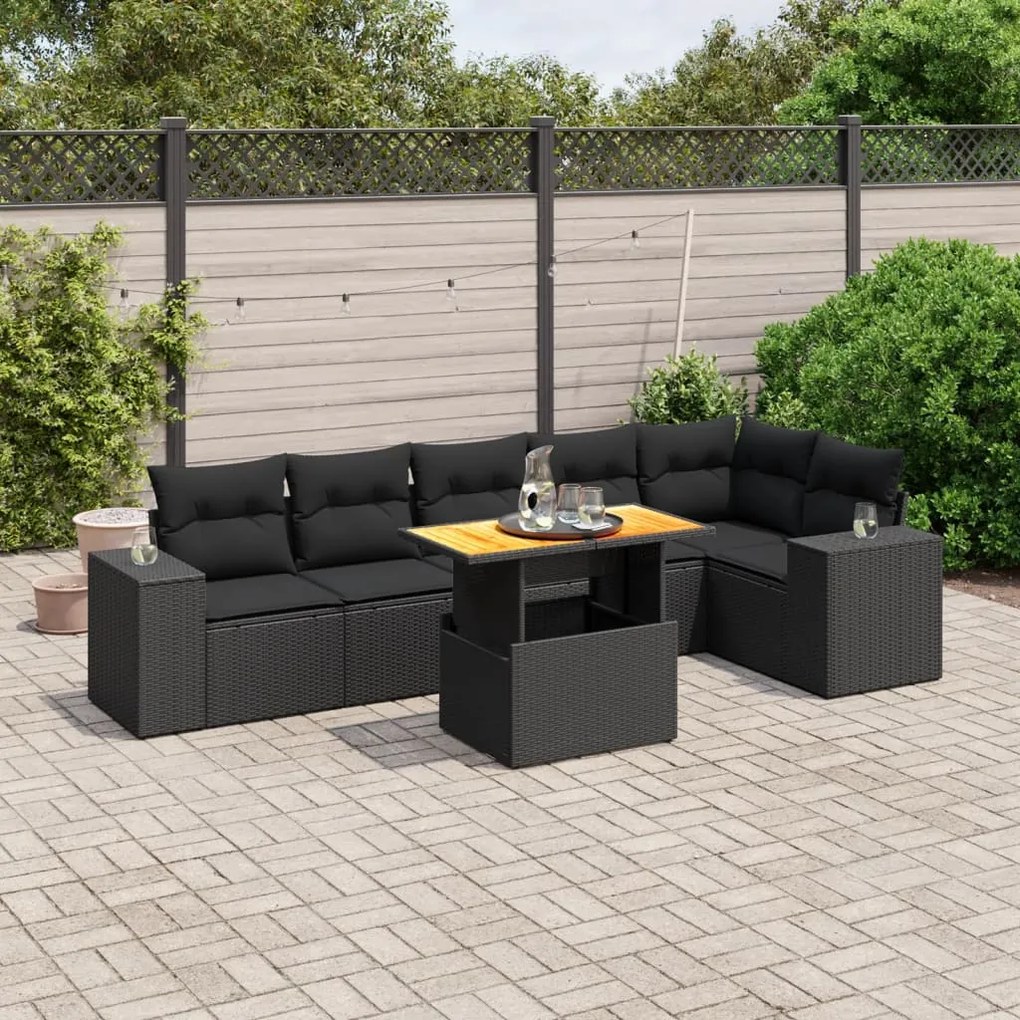 7 pcs conjunto de sofás p/ jardim c/ almofadões vime PE preto