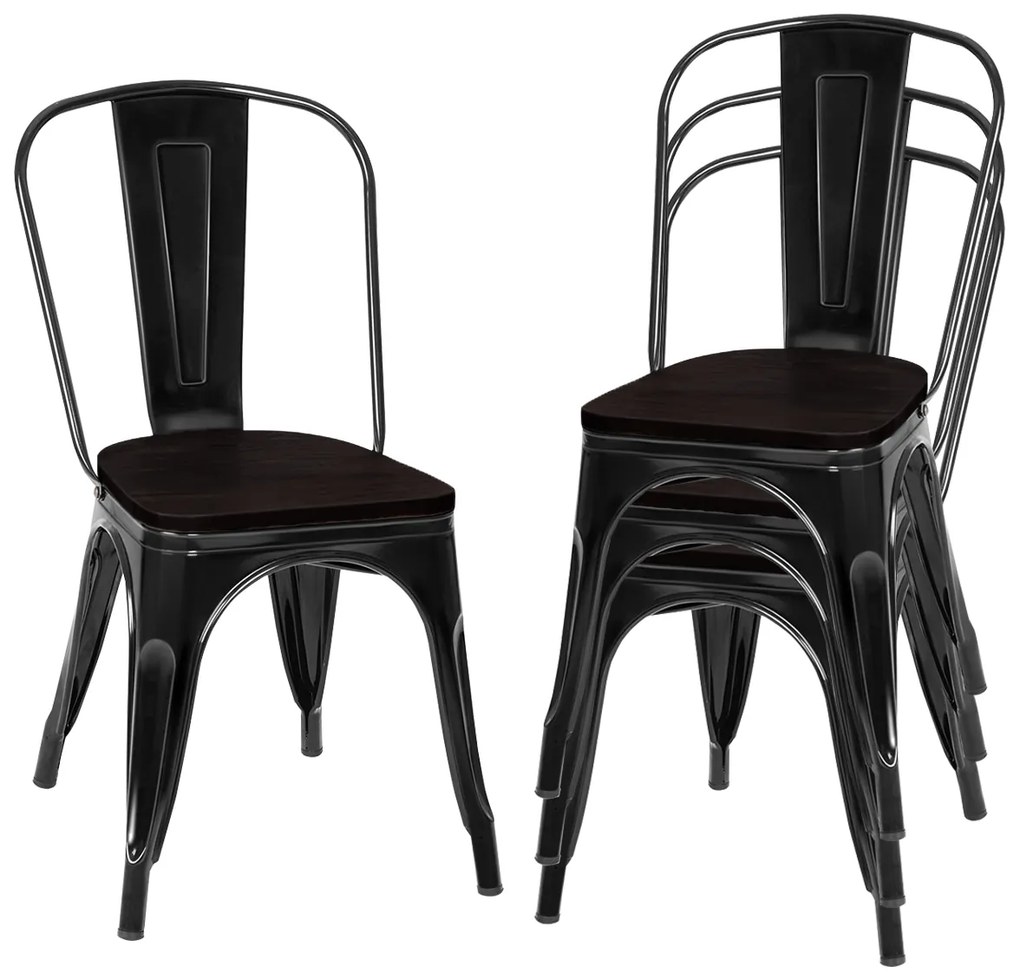 Conjunto 4 cadeiras empilháveis de metal com encosto e assento de madeira para casa cozinha bar 52 x 42 x 84 cm pretas