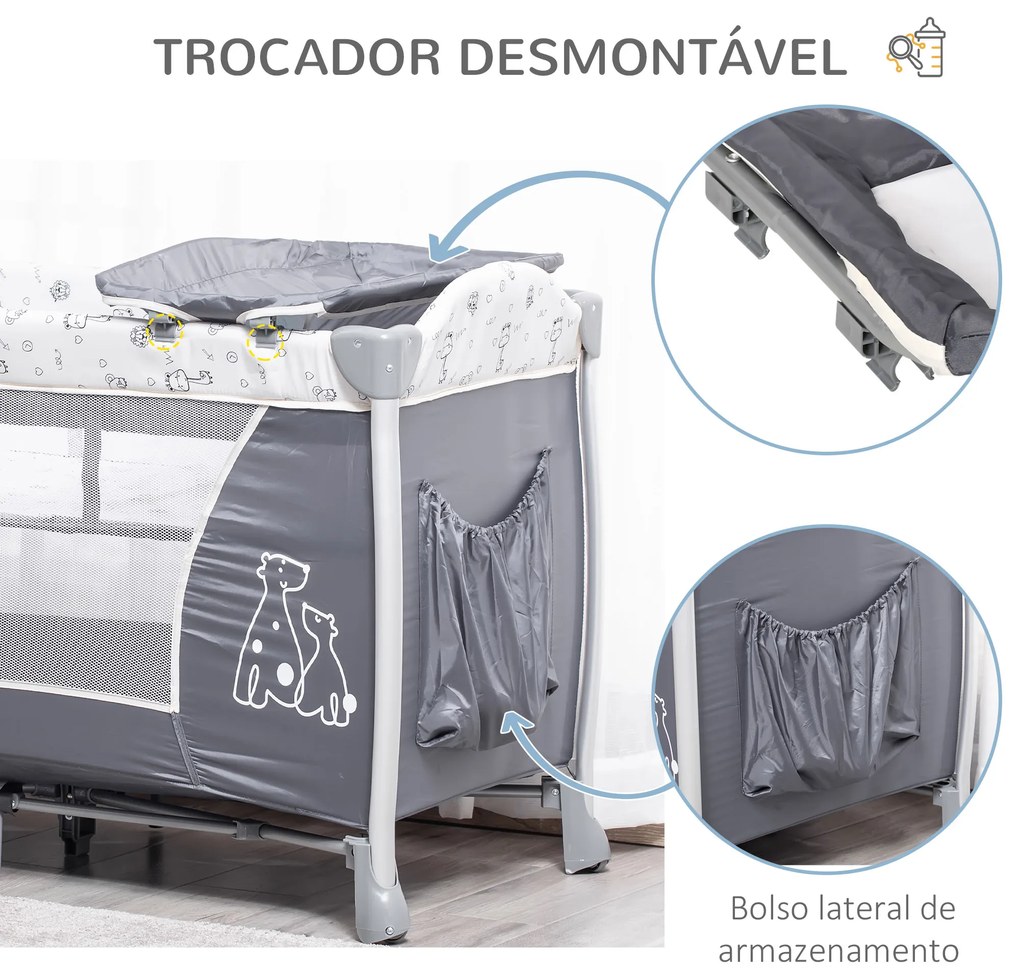 Berço de Viagem Dobrável para Bebés e Crianças até 15kg com 2 Rodas e Bolso Lateral Berço Portátil 124x66x77,5cm Cinza