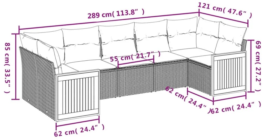7 pcs conjunto de sofás p/ jardim com almofadões vime PE bege