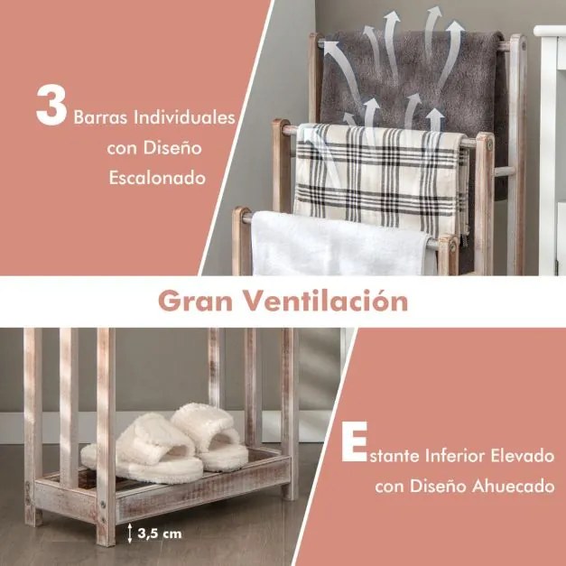 Toalheiro de madeira de 3 níveis para toalhas com prateleira inferior para casa de banho 45 x 22 x 86 cm Branco rustico