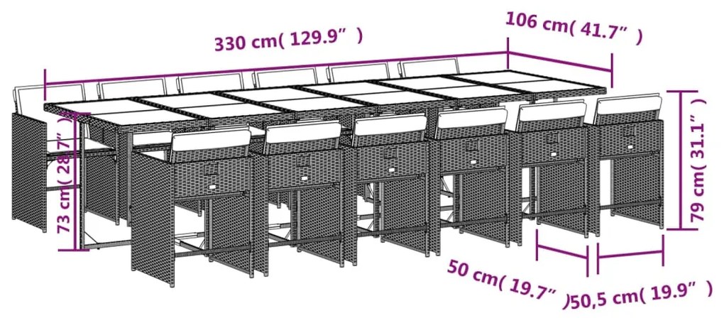 13 pcs conjunto de jantar p/jardim com almofadões vime PE preto