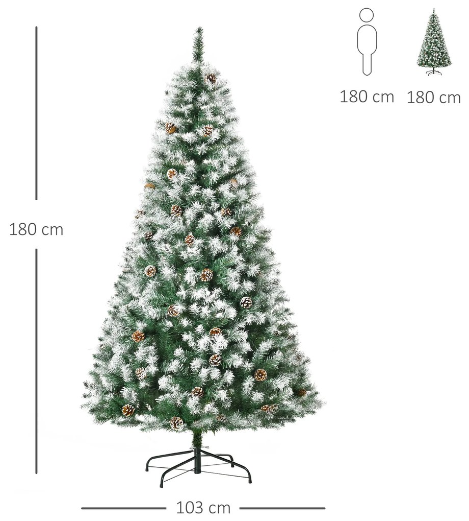 Árvore de Natal Artificial 180cm com 800 Ramos e 61 Pinhas Folhas de PVC com Efeito de Neve Base Dobrável e Suporte Metálico para Interiores Verde