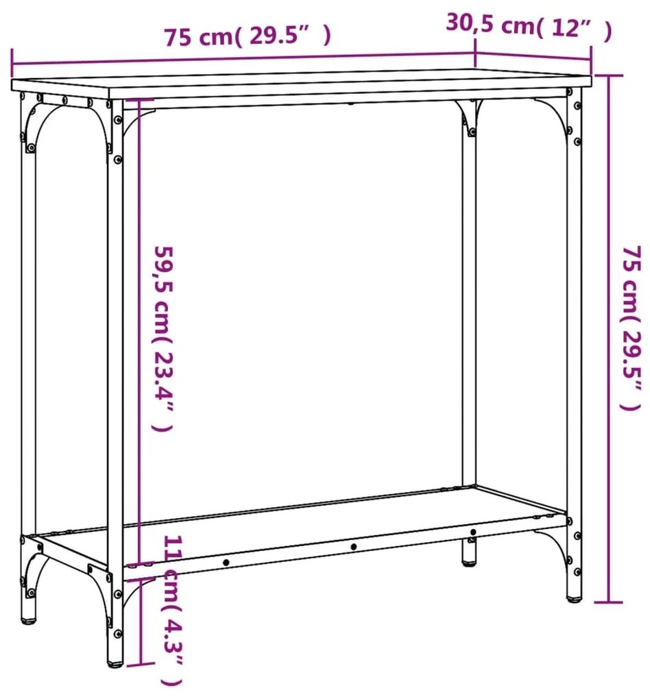 Mesa consola 75x30,5x75 cm derivados madeira carvalho castanho