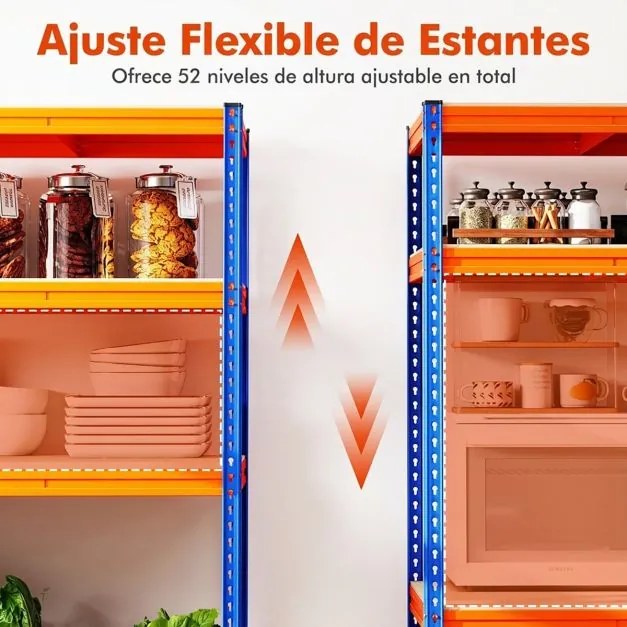 Estante metálica 181 x 61 x 203 cm multiusos de 4 níveis com prateleiras ajustáveis e capacidade para 2400 kg para casa, garagem ou cave  Laranja + Az