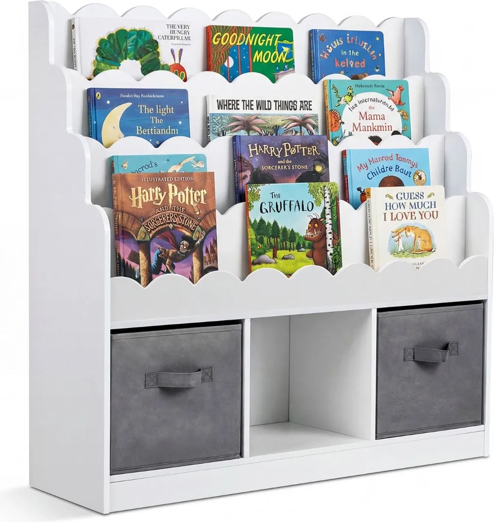 Estante infantil com 4 prateleiras, 3 compartimentos e 2 gavetas 90 x 30 x 91,5 cm, com tecido organizador para brinquedos, a partir dos 3 anos, para