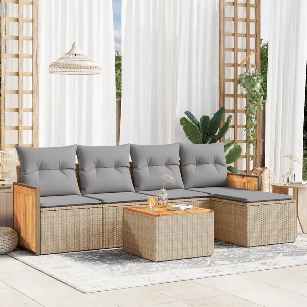 vidaXL 6 pcs conjunto de sofás p/ jardim com almofadões vime PE bege