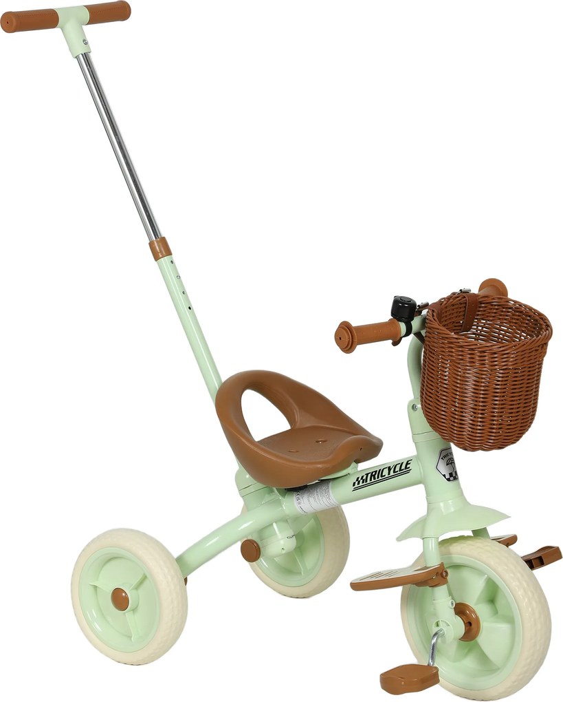 AIYAPLAY Triciclo para Bebés 2 em 1 Triciclo Evolutivo para Crianças com Barra Parental Ajustável Apoio para Pés Rebatível e Cesto 93,5x47x96 cm Verde | Aosom Portugal